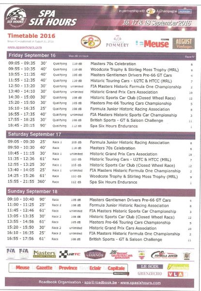 Spa Six Hours weekend Timetable